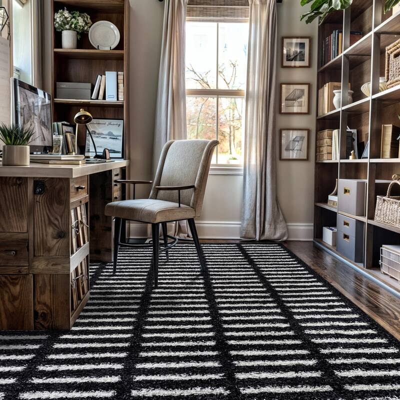 Bohemian Stripe Lines Shag Rug - Textured Surface - Anthracite Dark Gray - Easy to Clean