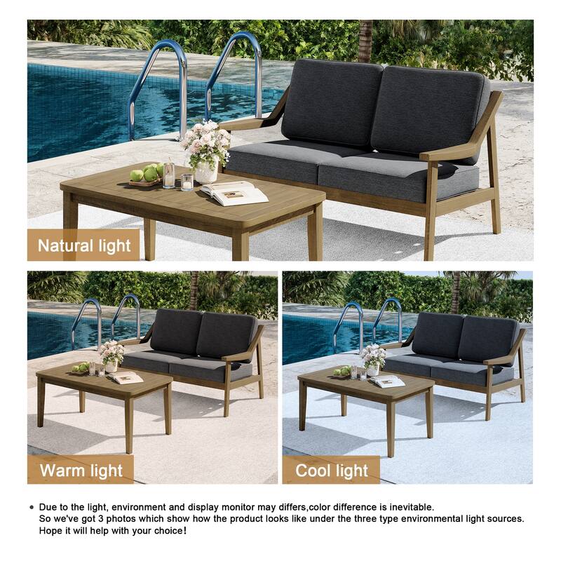 2-piece Brown/ Black Teak Cushioned Patio Loveseat Set with Coffee Table