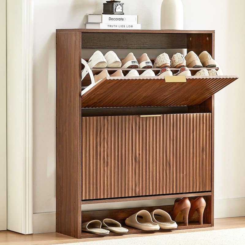 31.5''W Slim Shoe Cabinet, Fluted Hidden Shoe Storage Cabinet with 2 Flip Drawers, Wooden Fluted Shoe Rack - Walnut