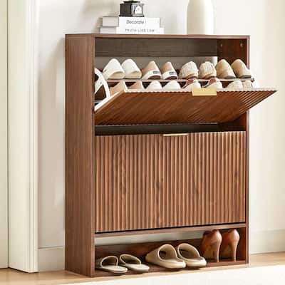 31.5''W Slim Shoe Cabinet, Fluted Hidden Shoe Storage Cabinet with 2 Flip Drawers, Wooden Fluted Shoe Rack
