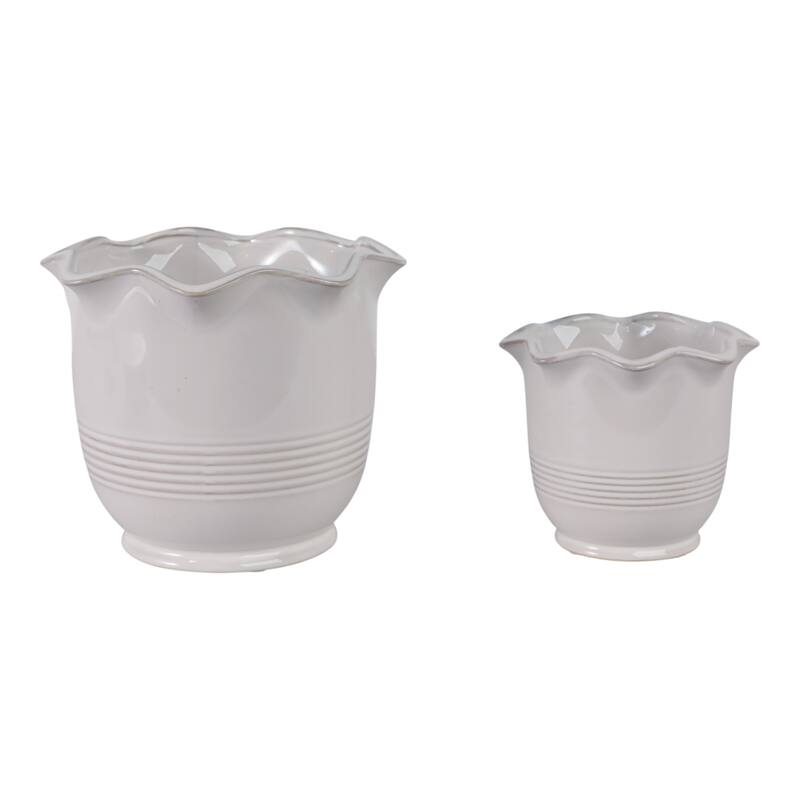 Ceramic Planter Scalloped Rim Ribbed Design Home Decor (Set of 2) - 8" x 8" x 6.75"