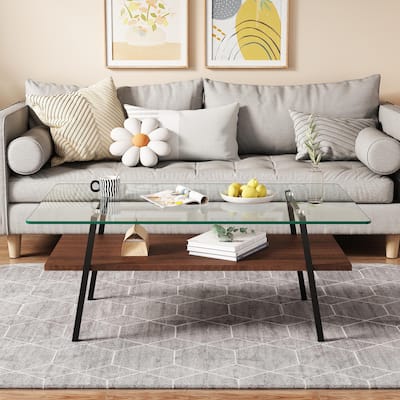 Modern Coffee Table with Black Metal Legs,Tempered Glass Tabletop