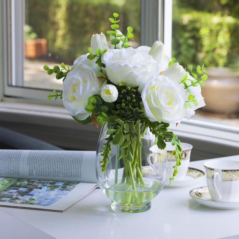 Enova Home Artificial Cream Real Touch Tulips and Roses Fake Silk Flowers Arrangement in Clear Glass Vase for Home Decoration