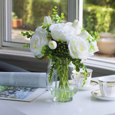 Enova Home Artificial Cream Real Touch Tulips and Roses Fake Silk Flowers Arrangement in Clear Glass Vase for Home Decoration