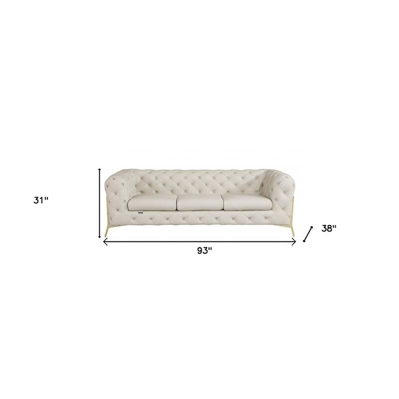 HomeRoots 93" Beige Italian Leather Sofa With Silver Legs - 31" H x 93" W x 38" D