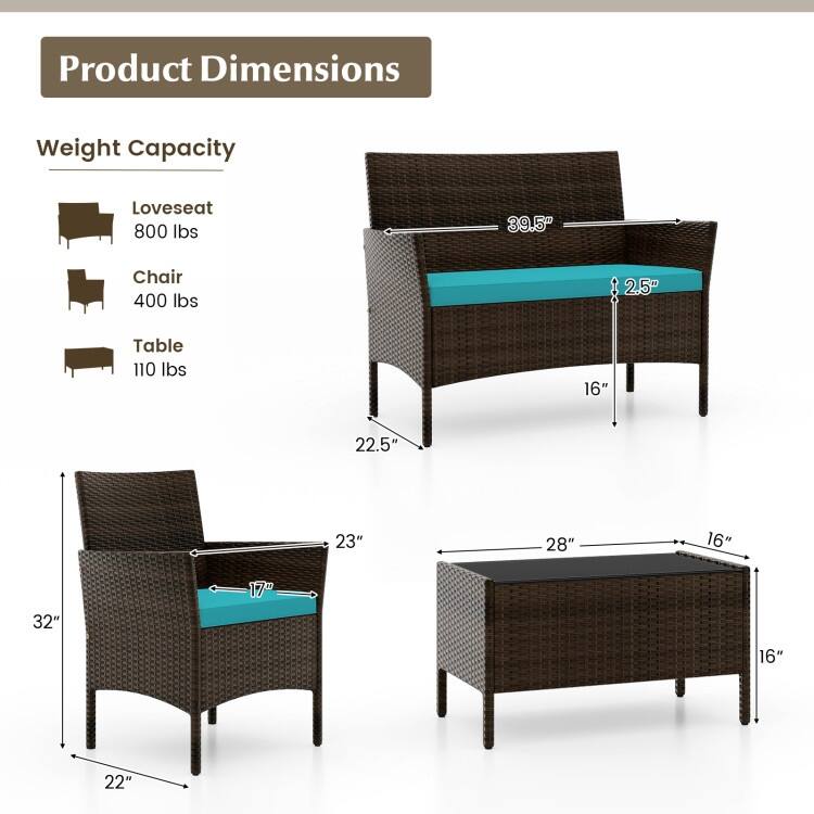 4 Piece Outdoor Rattan Patio Set with Cushions and Glass Table - 39.5" x 22.5" x 32"