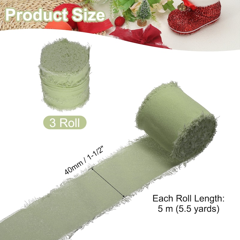 1-1/2"x16Yd Handmade Fringe Cotton Ribbon Frayed Fringe Ribbon 3Roll - 5Yd - Grass Green