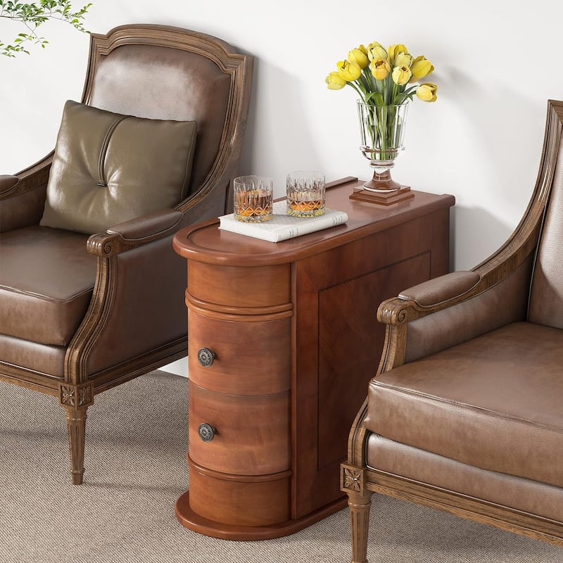 Solid Wood Chairside End Table, Two-Drawer Narrow Side Table Slim