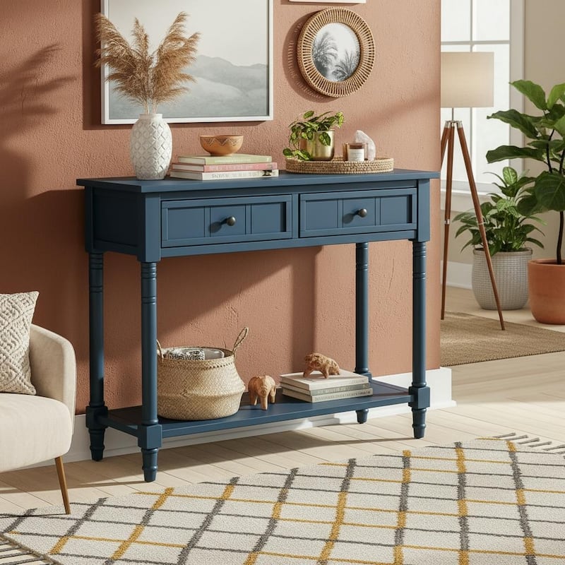 Daisy Carved-Leg Console Table with Dual Drawers & Display Shelf by Harper&Bright Designs - Dark Navy