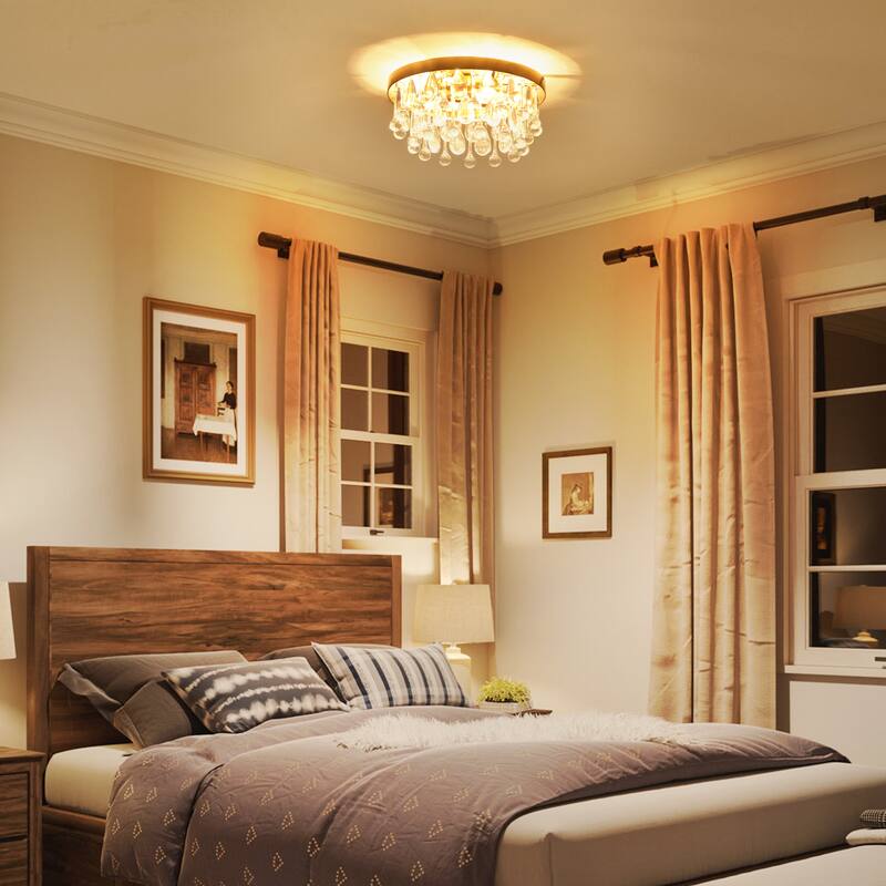 12" 2-Light Modern Chrome/Black Crystal Flush Mount Ceiling Light - Minimalist Crystal Drop Fixture for Bedroom