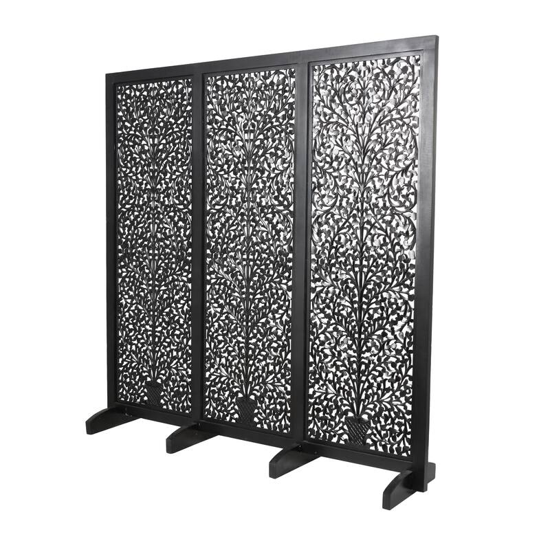 Black Wooden Handmade Large Flat Freestanding Carved Floral Partition Room Divider Screen