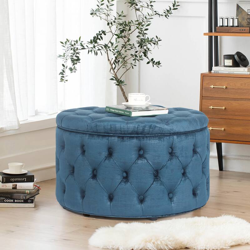 Adeco Round Storage Ottoman Button Tufted Footrest Stool Bench