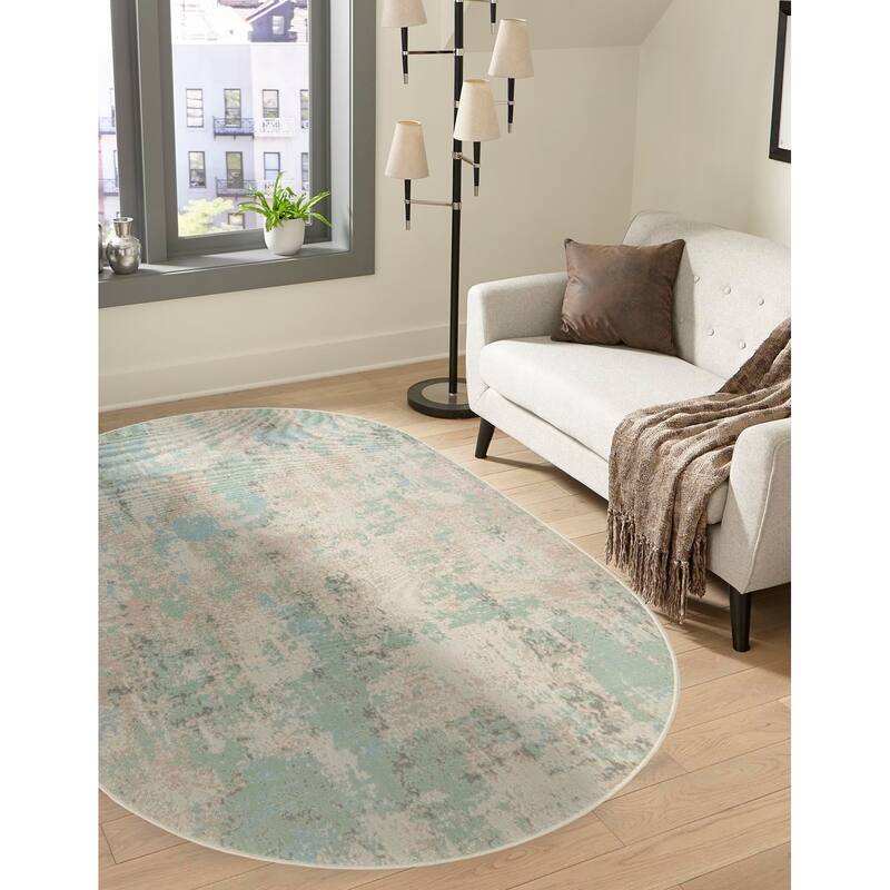 Contemporary Heloise Collection Area Rug - 8'x10' Oval - Teal-Beige