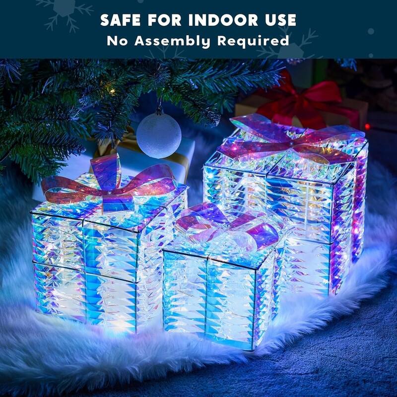 Christmas Lighted Gift Boxes - Set of 3 Iridescent Present Boxes for Indoor Holiday Décor