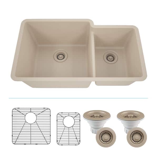 slide 2 of 8, Lexicon Platinum Quartz 60/40 Double Bowl Kitchen Sink Galaxy Beige