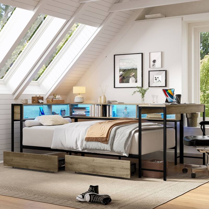 GDFStudio - Modern Corner Bed Frame with Bookcase, 2 Underbed Storage Drawers, LED Lighting & Charging Station