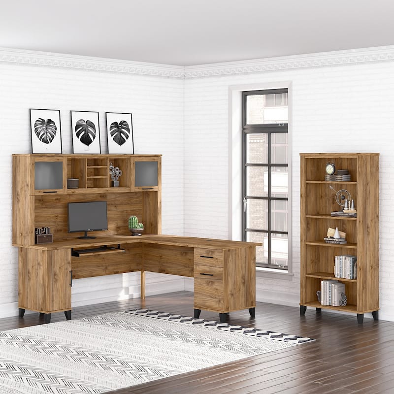 Somerset 72W L Shaped Desk with Hutch and 5 Shelf Bookcase - Fresh Walnut