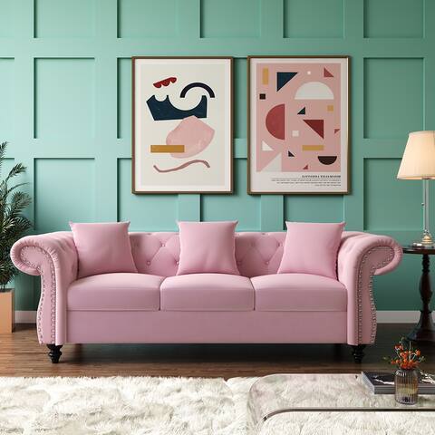 80" Tufted Velvet Upholstered 3-Seater Sofa With Nailhead Decoration