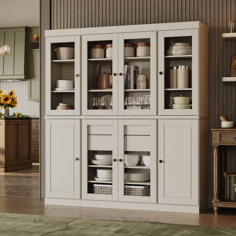 100% Solid Wood Tall Kitchen Pantry Cabinet with Glass Doors & 2 Drawers, Adjustable Shelves, Modular Storage, 65" W x 71.5" H - Off White
