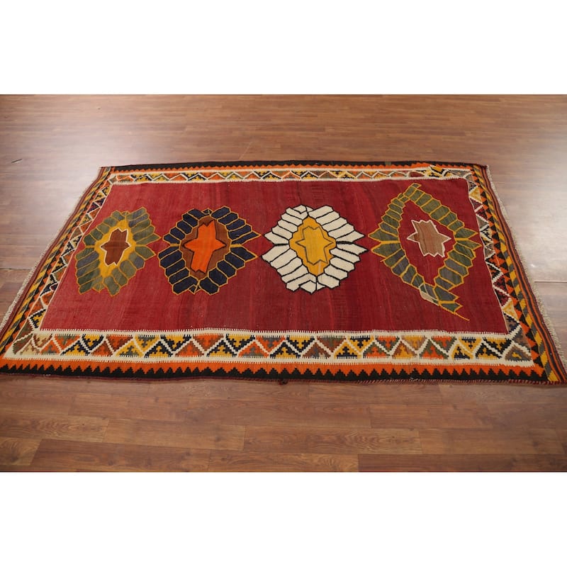 Vegetable Dye Kilim Qashqai Persian Antique Rug Hand-Woven Wool Carpet - 4'11"x 7'5"