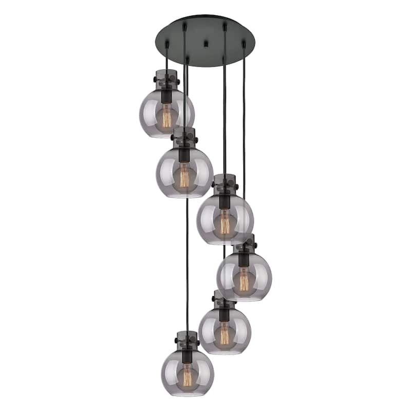 Innovations Lighting Newton Sphere - 6 Light 8" Cord Hung Multi Pendant - 14" Canopy - Matte Black/Light Smoke
