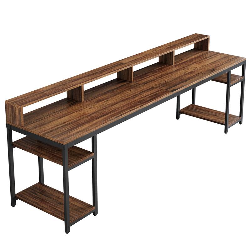 2 people Desk with Monitor Stand, 78" Office Desk with Storage Shelves (Rustic Brown)