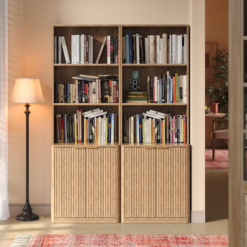 71" Walnut Bookcase with Doors Set of 2, 5 Tier Fluted Tall Bookshelf with Storage