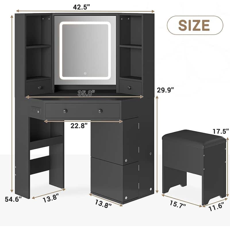 Corner Vanity Desk with Lighted Mirror Drawers Shelves Storage Stool