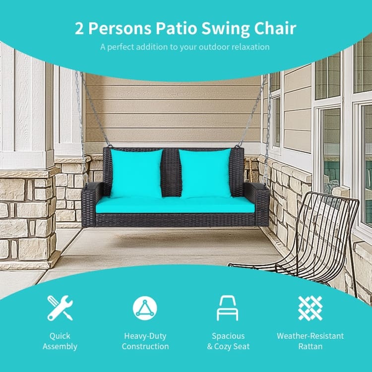 2-Person Wicker Hanging Porch Swing with 2 Back Cushions and 1 Seat Cushion - 50" x 22" x 20.5" (L x W x H)