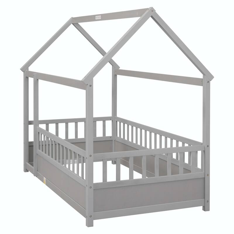 Twin Size Floor Wooden Bed with Fence Guardrails