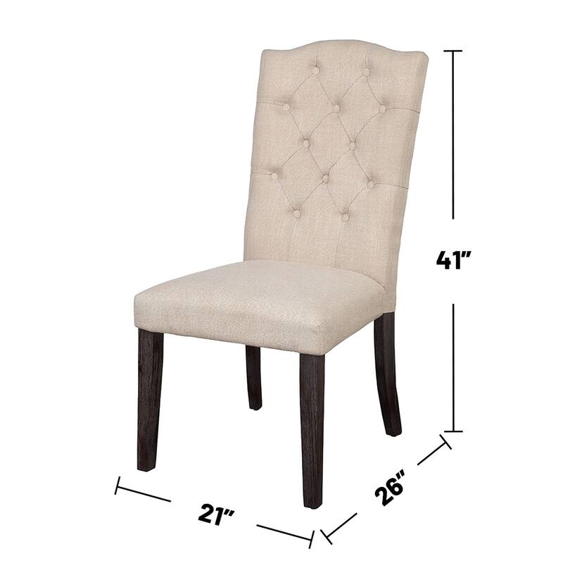 Set of 2 Linen Upholstered Dining Chairs with Tufted Back, Beige and Weathered Espresso