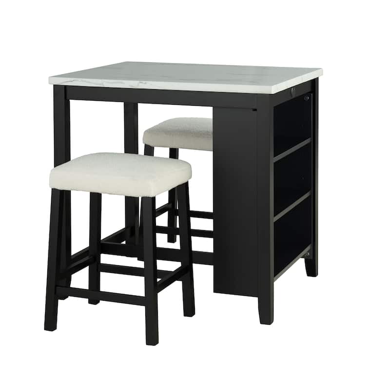 Black Bar Table and Chairs Tall Kitchen Breakfast Nook with Stools, Storage Shelves