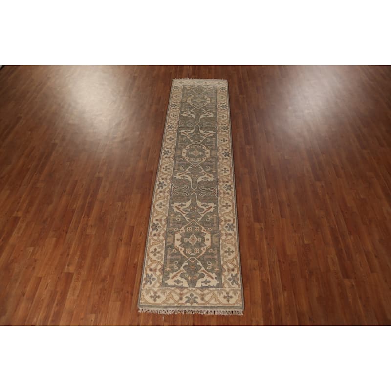 All-Over Oushak Indian Runner Rug Hand-Knotted Wool Carpet - 2'7"x 10'0"