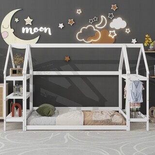 White Twin Size House-Shaped Floor Bed w/ 2 Detachable Stands Storage Bed