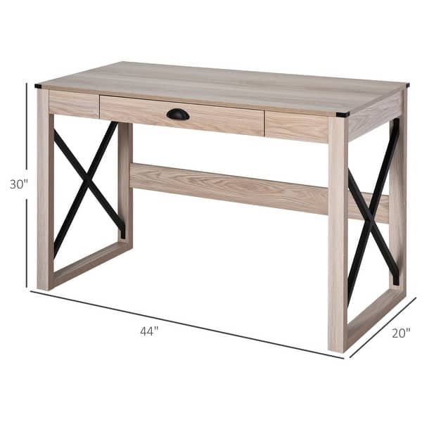 HOMCOM Industrial Retro Style Wooden Modern X-Frame Particleboard Study Desk w/1 Drawer Home Office Desk Oak Function Desks