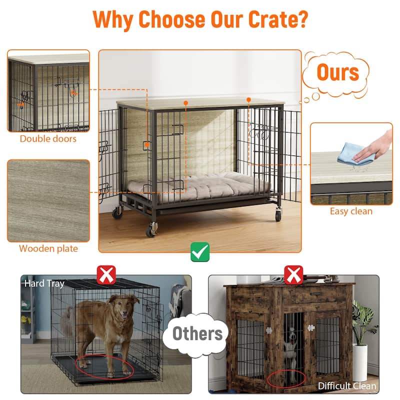 Dog Crate Furniture with Wheels, Indoor Kennel Table for Medium Dogs