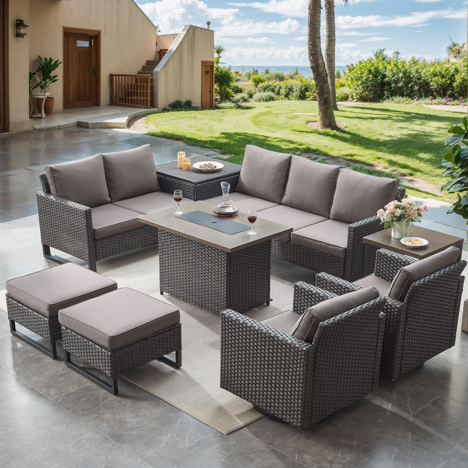 9 Pieces Patio Sofa Set with Fire Pit Table - Grey cushion - Brown