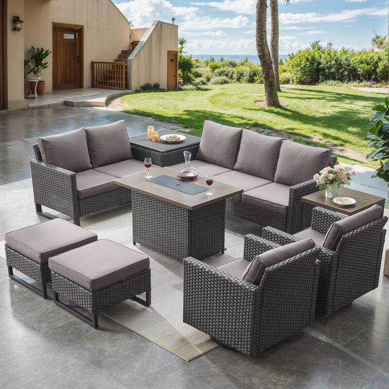9 Pieces Patio Sofa Set with Fire Pit Table - Grey cushion - Brown - Grey - Brown