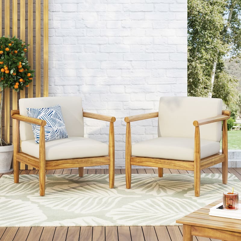 Bonsallo Outdoor Acacia Wood Club Chairs (Set of 2) by Christopher Knight Home - Teak Finish + Cream
