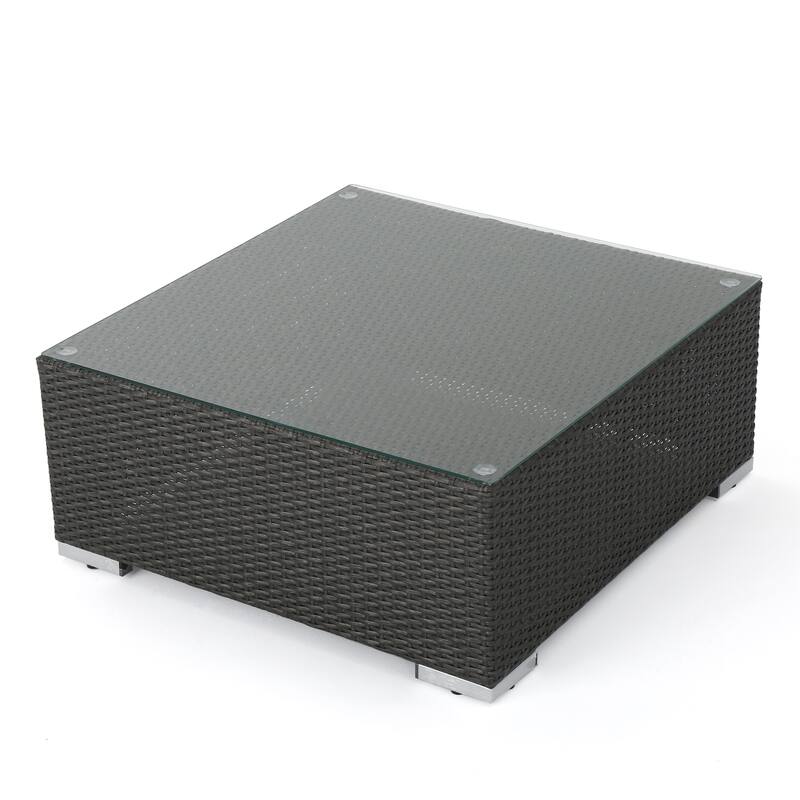 Roomfitters Rattan Outdoor Coffee Table with Tempered Glass Top, Rectangle Patio Table, Durable Design for Outdoor