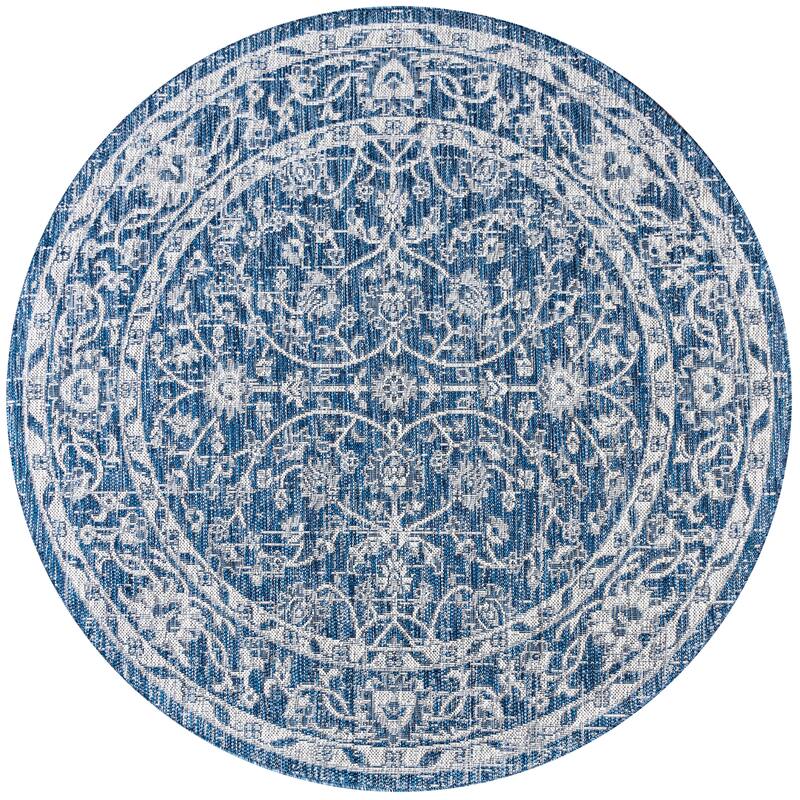 JONATHAN Y Palazzo Vine and Border Textured Weave Indoor/Outdoor Area Rug - 5' Round - Navy/Grey