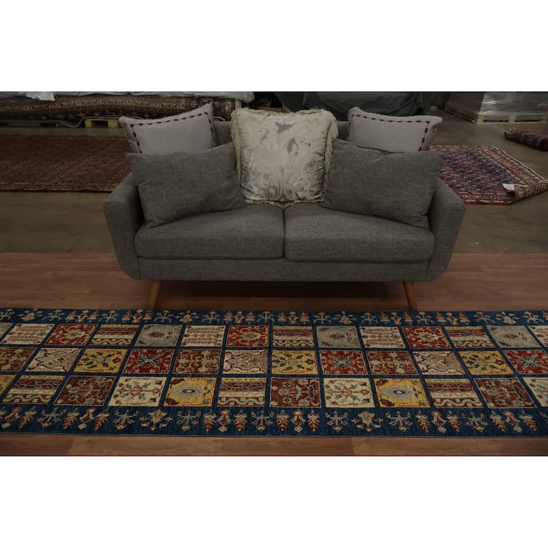 Hand Knotted Oriental 100% Wool Carpet Traditional Geometric Navy Blue & Blues Kazak Runner Rug - 22' 10'' X 2' 8''