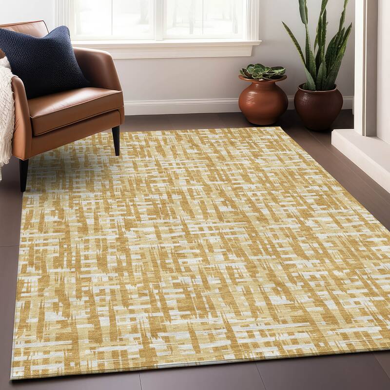 Machine Washable Indoor/ Outdoor Modern Crosshatch Chantille Rug - Gold - 5' x 7'6"