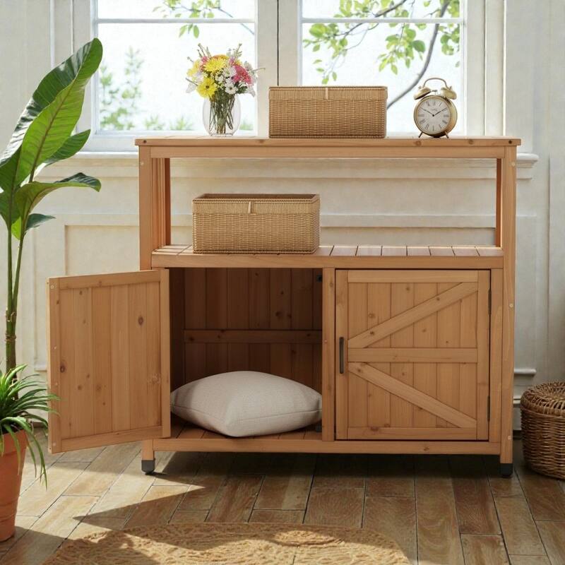 Wooden Patio Bar Table with Storage Cabinet, Solid Wood Outdoor Buffet Sideboard for Patio, Deck and Backyard