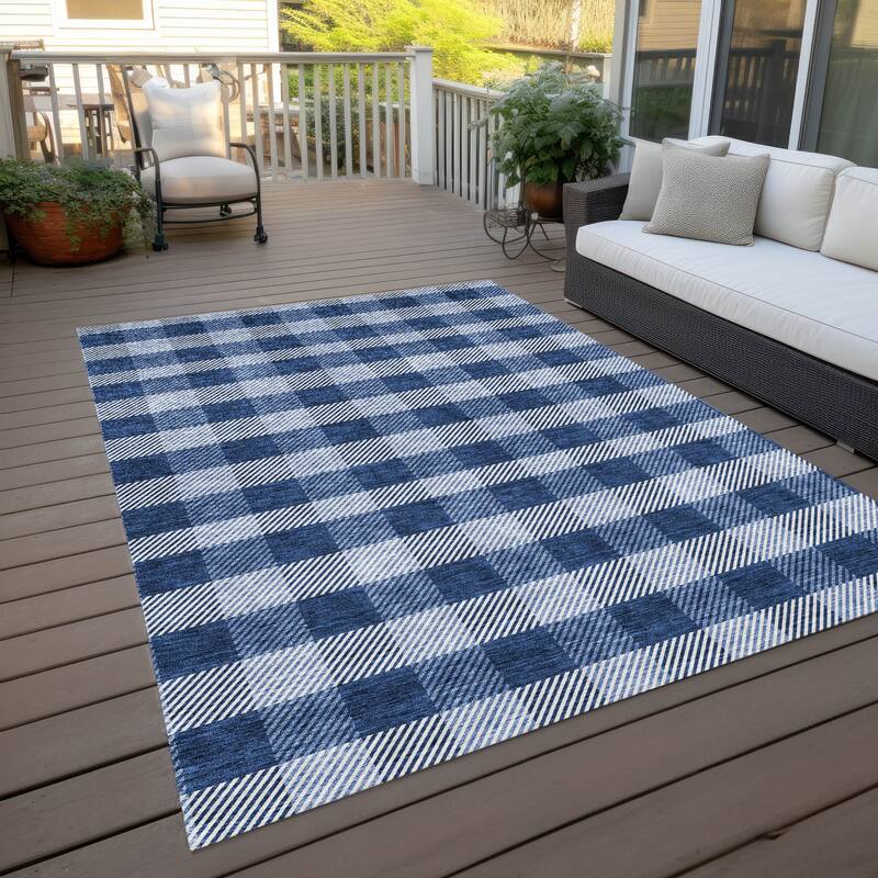 Machine Washable Indoor/ Outdoor Chantille Plaid Stripe Rug