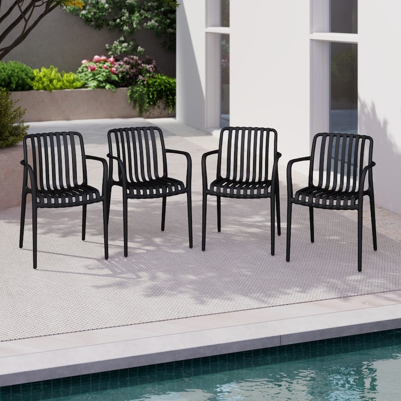 Outdoor Stackable Plastic Chairs Dining Chair Set 4-Piece Lightweight Armchair - Black
