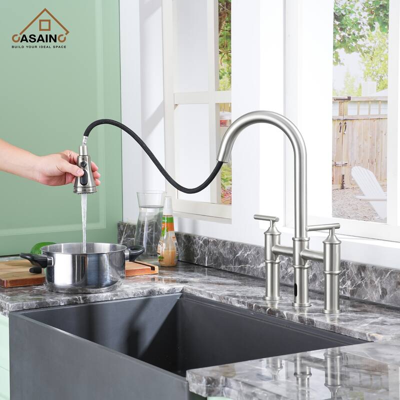 Double Handle Pull-Out Sprayer Bridge Kitchen Faucet - Chrome/Clear