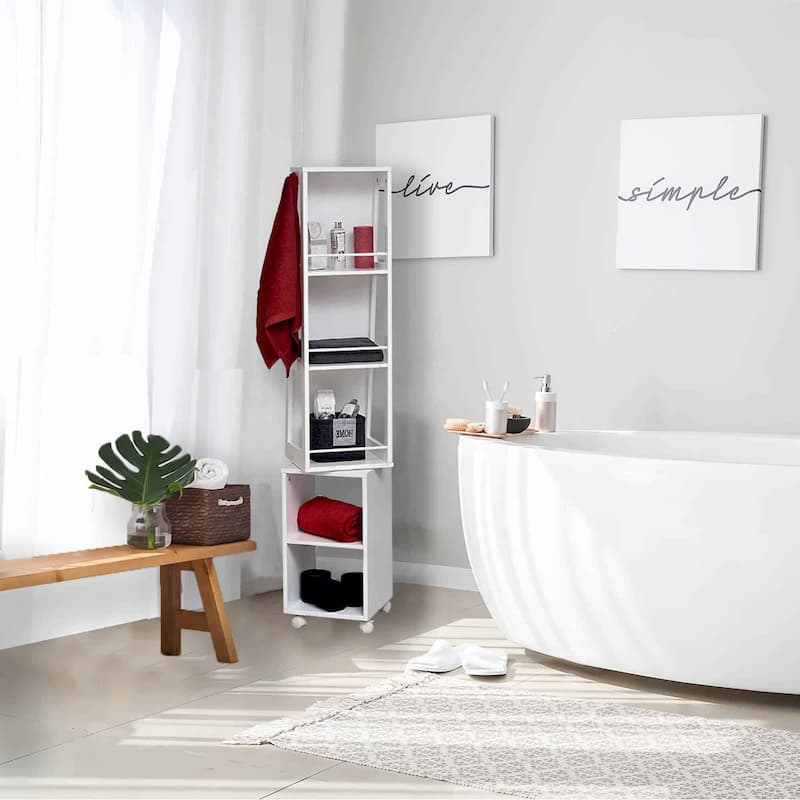 Rotating Bathroom Storage Cabinet with Mirror - 360° Swivel Tower Organizer with Rolling Base & Towel Hooks, White