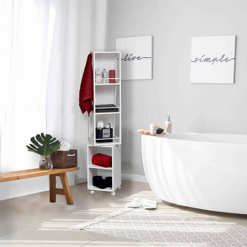 Rotating Bathroom Storage Cabinet with Mirror - 360° Swivel Tower Organizer with Rolling Base & Towel Hooks, White