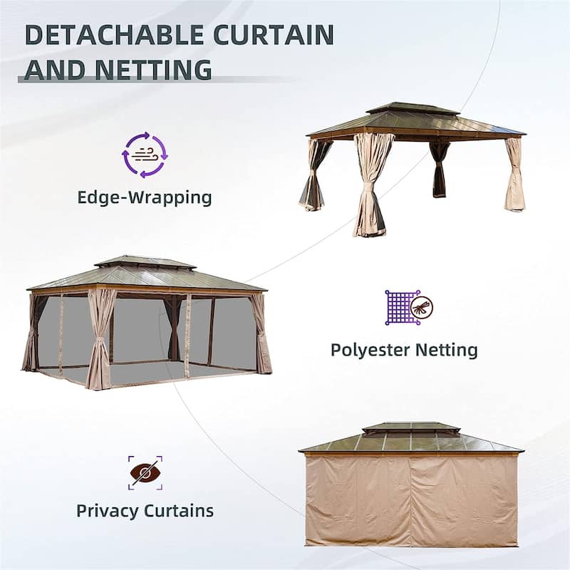 12x16ft Hardtop Gazebo,Aluminum Gazebo Pavilion with Curtain and Net for Garden, Patio, Lawns, Deck, Backyard (Wood-Looking)